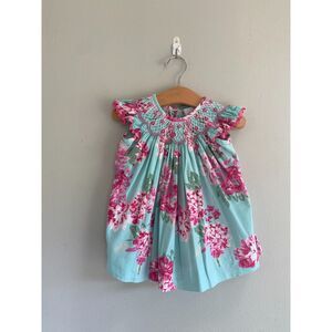 Smocked Auctions Spring floral smocked dress Teal and Pink 24M,100% Cotton